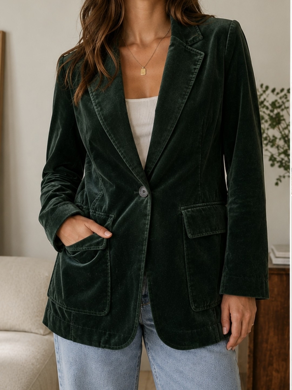 Y2K Calvin Klein Dark Green Velvet Single-Button Blazer